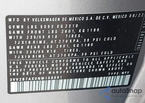 2022 Volkswagen Tiguan 2.0T Se from USA, damaged, VIN 3VV2B7AX0NM158691